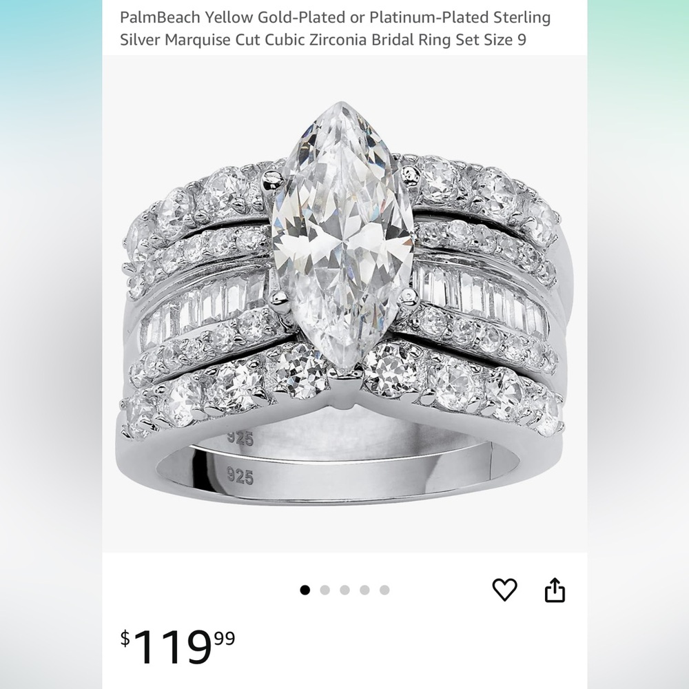 Platinum-Plated 925 Sterling Silver Marquise Cut Cubic Zirconia Bridal Ring Set - Picture 8 of 8